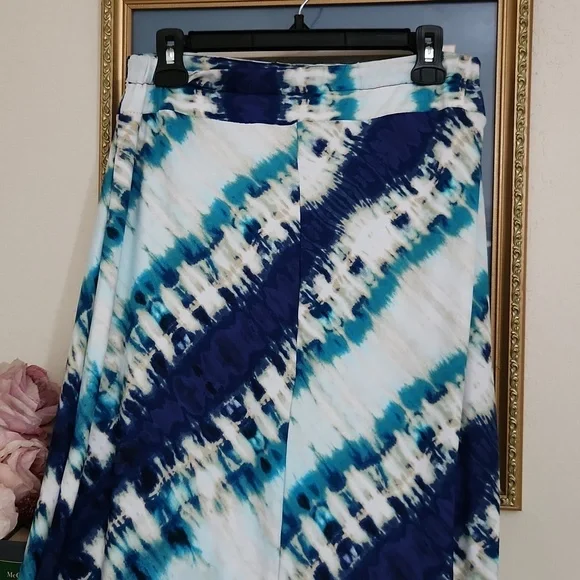Tye Dye White Blue A-Line Maxi Skirt Beach Vacation Cruise Summer Brunch Medium - Picture 6 of 8